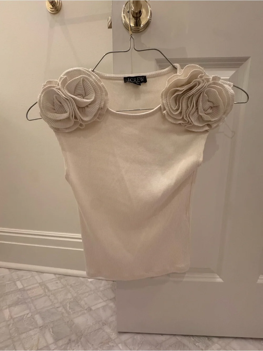 J. Crew Cream Ribbed Tank with Rosette Shoulders